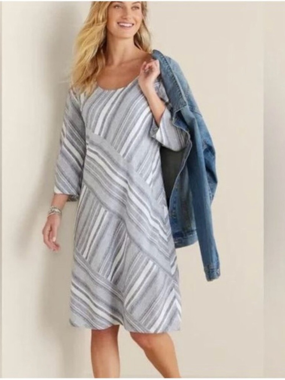 Soft Surroundings Linen Blend Striped Shift Dress Medium Blue White Pockets